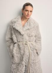 Cream double-sided women's sheepskin coat KOZDS-0091-1394(Z25), close-up of the product on the model from the front.