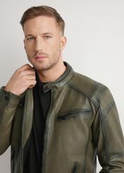 Men's khaki leather jacket KURMS-0403-8D(W26) - front view of the product, on a model, against a light background. Half of the silhouette visible.