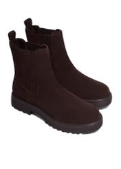 Dark brown suede women's Chelsea boots BUTYD-1281-1I(Z26), diagonal product view on white background.