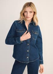 Navy blue denim women's shirt KOSDT-0170-69(Z25), front view of the product on the model. Half of the silhouette visible.