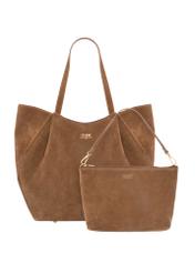 Cognac-colored women's suede shopper bag TORES-1358-1F(Z26); product view with a cosmetic pouch against a white background.
