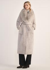 Light beige double-sided long women's sheepskin coat KOZDS-0089-3037(Z25) - front product view on a white background. Full body visible.