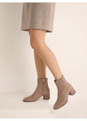 Women's suede ankle boots in cool beige color BUTYD-1341-1K(Z26), product view from the side on the model, half of the silhouette visible.