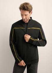 Men's black zip-up sweatshirt with stand-up collar BLZMT-0082-99(Z26), front view of the product on the model. Half of the silhouette visible.