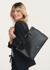 Black large women's handbag TOREC-1054-99(Z25), front view of the product on the model, half of the silhouette visible.