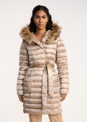 Women's beige down jacket with belt KURDT-0340-80(Z22)-02