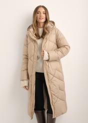 Long beige women's jacket KURDT-0701-1D(Z26), front view of the product on the model. Half of the silhouette visible.