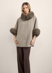 Wool vest with fur KAMDW-0002-1A(Z26), front view of the product on the model. Half of the silhouette visible.