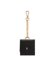 Black leather keychain in the shape of a bag BRELOK-0221-99(Z25), product view from the front on a white background.