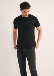 Men's black mercerized cotton T-shirt TSHMT-0135-99(Z25), front view of the product on the model. Half of the silhouette visible.