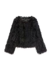 Women's black turkey feather fur coat FUTDF-0097A-99(Z26), front product view on white background.