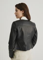 Women's waisted black leather jacket KURDS-0295-5491(W22)-05