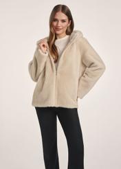 Beige women's fur coat with zipper FUTDP-0057-1B(Z26)  product view from the front on the model, half of the silhouette visible.