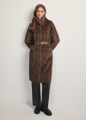Women's long brown fur coat FUTDP-0065-89(Z25) - front view of the product on a model, against a white background. Full body visible.