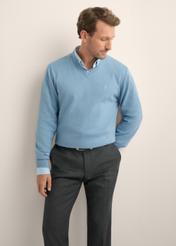 Blue men's sweater with logo SWEMT-0159A-7B(Z26), front view of the product on the model. Half of the silhouette visible.