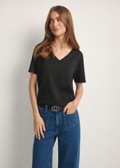 Black basic women's T-shirt TSHDT-0120-99(W25), product view from the front on the model, half of the silhouette visible.