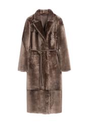 Brown long women's sheepskin coat KOZDS-0086-3094(Z25), product view from the front on a white background.
