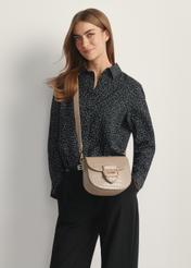 Beige women's croco messenger bag TOREC-0880-1D(W26), product view on model's shoulder. Half silhouette visible.