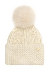 Beige women's hat with pompom CZADT-0217-81(Z25), front product view on white background.