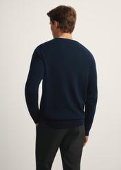 Men's navy blue woolen cardigan with cashmere KARMT-0005-68(Z25), product view from the back on the model, half of the silhouette visible.