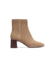 Cool beige suede high-heeled ankle boots BUTYD-1218-1K(Z26). Side view on white background.