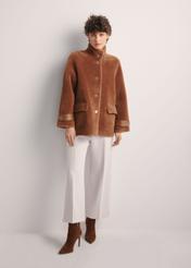 Women's woolen fur coat in camel color FUTDW-0032-24(Z25) - front view of the product on a model on a white background. The entire silhouette is visible.