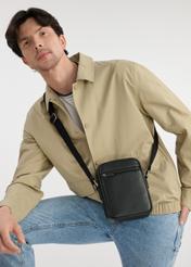 Leather black men's bag TORMS-0451-99(W25), front view of the product on the model. Half of the silhouette visible.