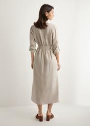 Beige linen midi dress SUKDT-0282-1A(W26), back view of the product on the model. Full silhouette visible.