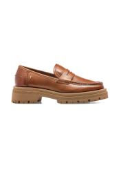 Cognac leather platform loafers BUTYD-1069-1F(W26), side product view on white background.