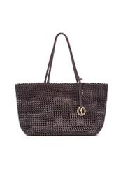 Brown leather woven handbag TORES-1300-1I(W26), front product view on white background.