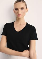 Black women's V-neck T-shirt TSHDT-0118B-99(Z26), front view of the product on the model. Half of the silhouette visible.