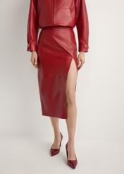 Women's long red leather skirt with slit SPCDS-0075-4B(W26), front view of the product on the model. Half of the silhouette visible.