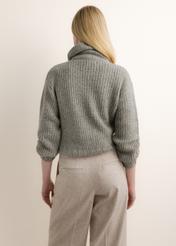 Grey women's turtleneck cardigan KARDT-0068-9B(Z26), back view on a model. Half-body shot.