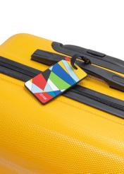 Luggage tag AW-012-0005-15(W25), front view of the product attached to a yellow suitcase.
