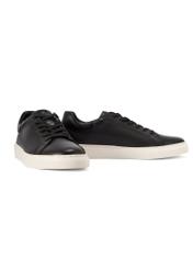 Men's black leather sneakers BUTYM-0486-99(W26), diagonal product view on a white background.