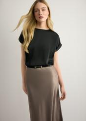 Black women's blouse BLUDT-0205-99(W26), front view of the product on the model. Half of the silhouette visible.