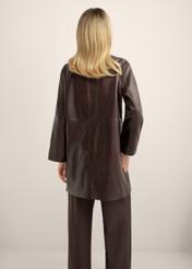 Women's brown leather coat KURDS-0649-1H(Z26), back view of the product on the model. Half of the silhouette visible.