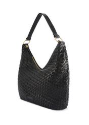 Black leather woven handbag TORES-1242-9P(W26), diagonal product view on white background.