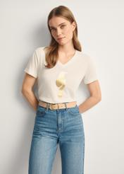 Cream women's t-shirt TSHDT-0149-12(Z25), front view of the product on the model, half of the silhouette visible.