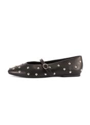 Women's black leather ballet flats with rhinestones BUTYD-1235-99(W26), side view of the product on a white background.