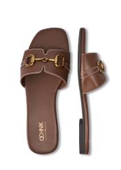 Women's leather camel flip-flops BUTYD-1273-1D(W26), top view of the product on a white background.