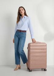 Large suitcase on wheels WALPC-0015-5B-28(W26), front view of the product next to the model's silhouette.