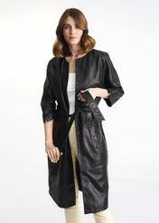 Black leather women's coat with belt KURDS-0358-5411(Z23)-03