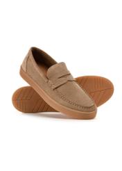 Men's leather moccasins in cool beige color BUTYM-0498-1K(W26), diagonal product view on a white background.