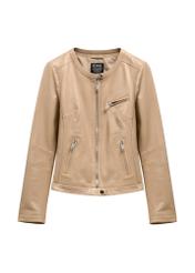 Beige women's leather jacket KURDS-0154L-1B(W26), front product view on white background.