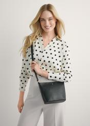 Black leather shoulder bag TORES-1280-99(W26), product view on a model's silhouette, on a light background.