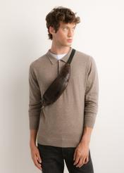 Men's brown leather waist bag TORMS-0543-1I(Z26), front view of the product on the model's silhouette.