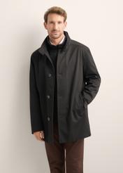 Long black men's jacket KURMT-0426-99(Z26), front product view on model. Half silhouette visible.