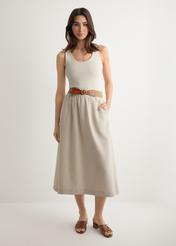Beige viscose and linen skirt SPCDT-0124-1A(W26), front view of the product on the model. Full body visible.