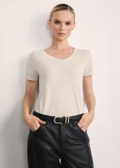 Beige women's V-neck T-shirt TSHDT-0118A-80(Z25), front view of the product on the model. Half of the silhouette visible.